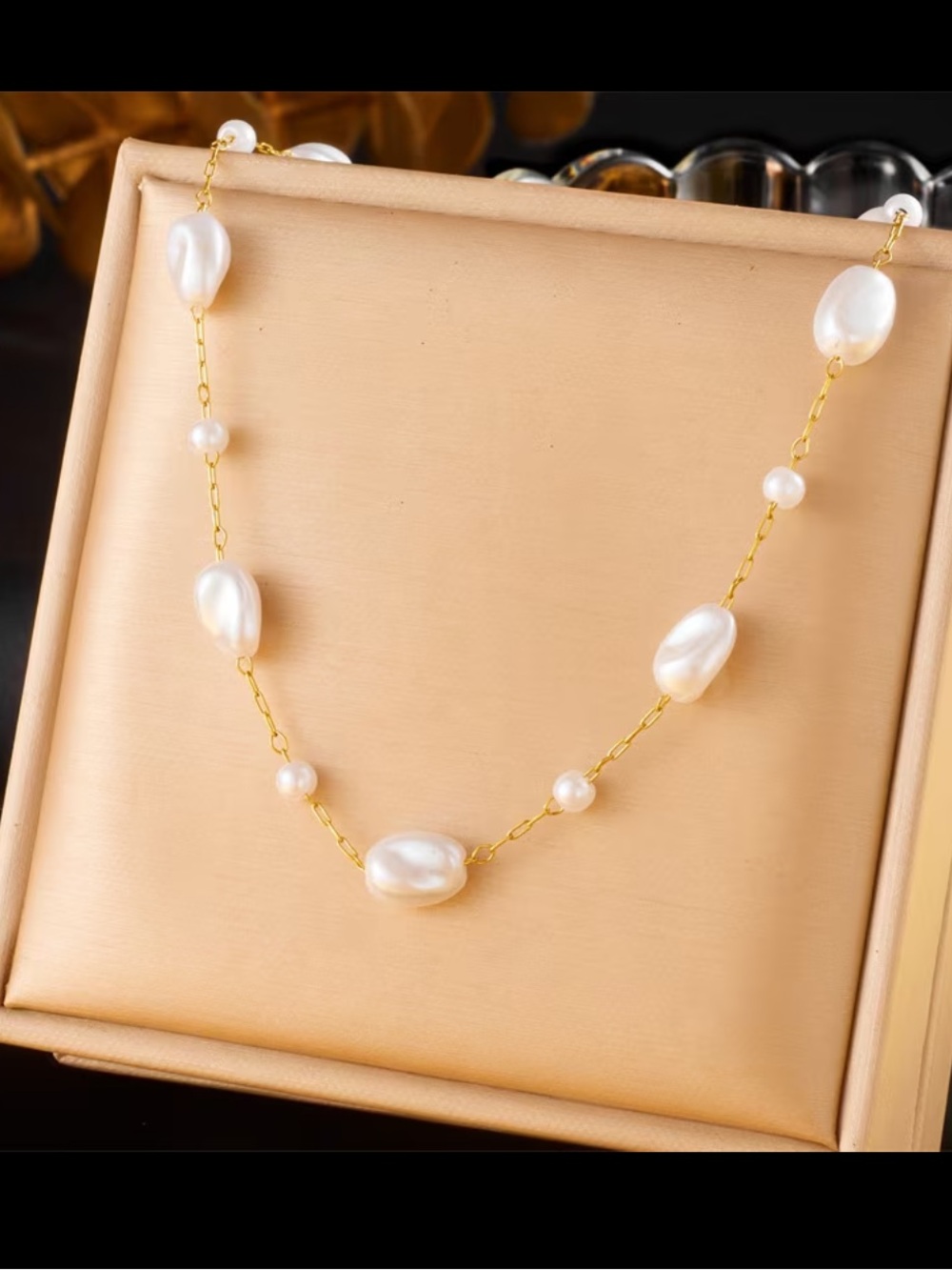 Elegant White Pearl Station Necklace with Gold Chain